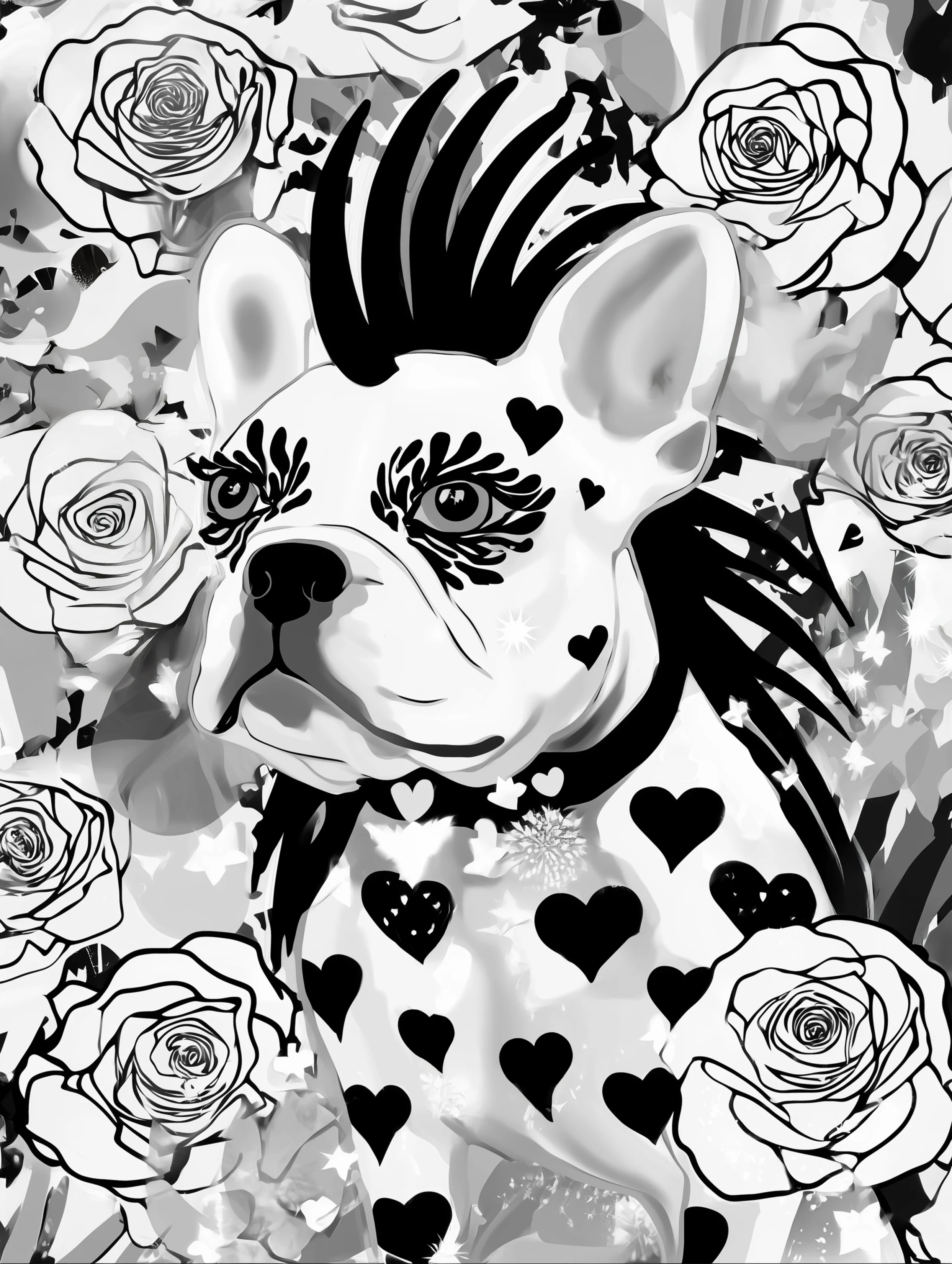 Free printable french bulldog coloring page featuring a frenchie with a mohawk and hearts